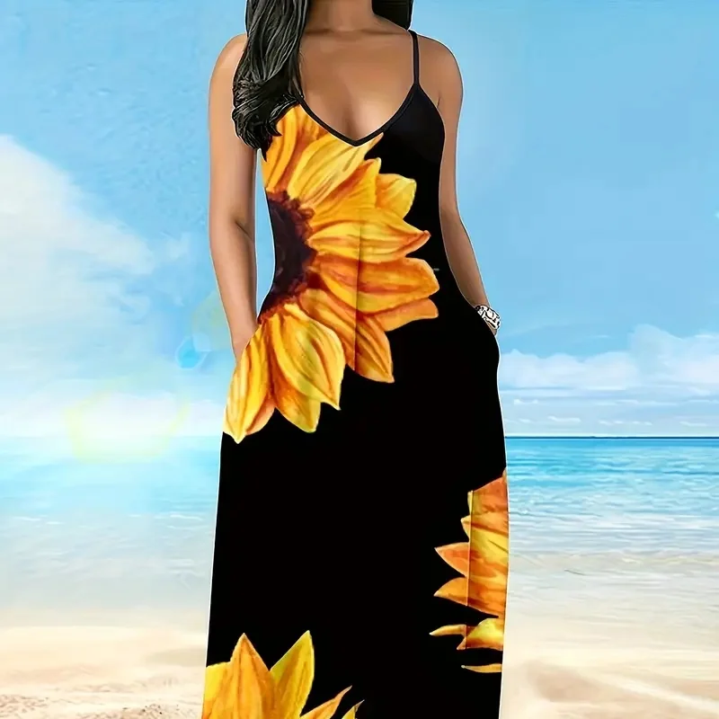 2025 Women's summer maxi dress, casual V-neck sleeveless bohemian style, thin waist belt 3D pattern, long dress with pockets
2025 Women's summer maxi dress, casual V-neck sleeveless bohemian style, thin waist belt 3D pattern, long dress with pockets