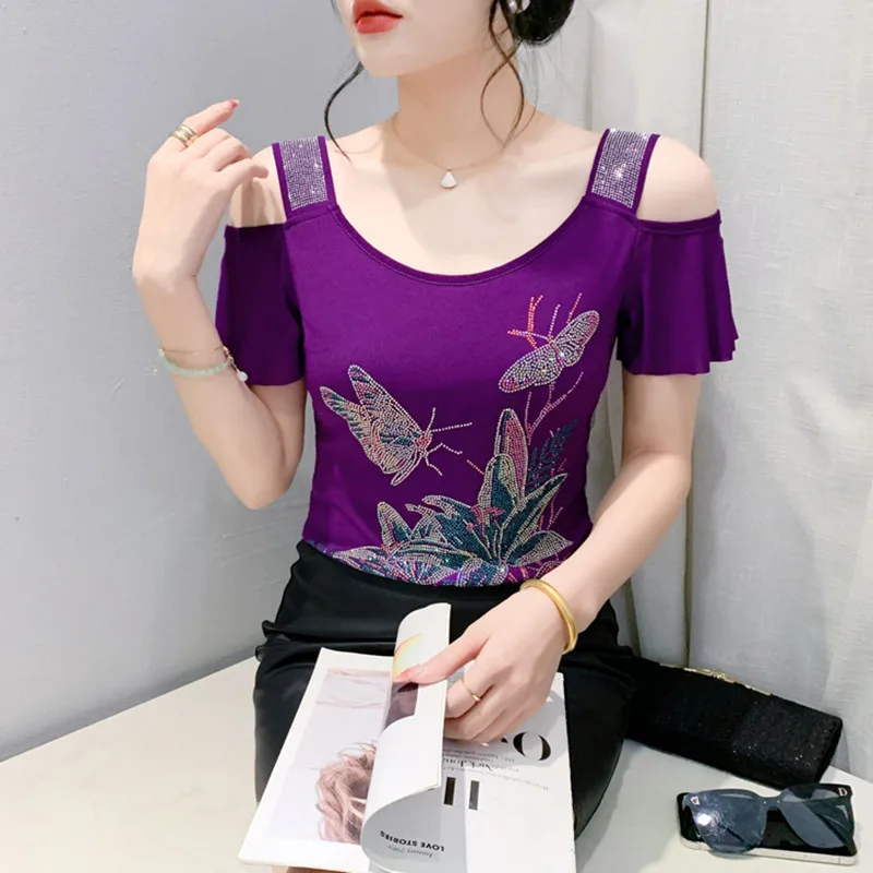 M-3XL Summer Fashion Ladies T-Shirt Clothes Brand Design Butterfly Hot Drill Diamonds Tops Womens Off Shoulder Short Sleeve Tee
M-3XL Summer Fashion Ladies T-Shirt Clothes Brand Design Butterfly Hot Drill Diamonds Tops Womens Off Shoulder Short Sleeve Tee