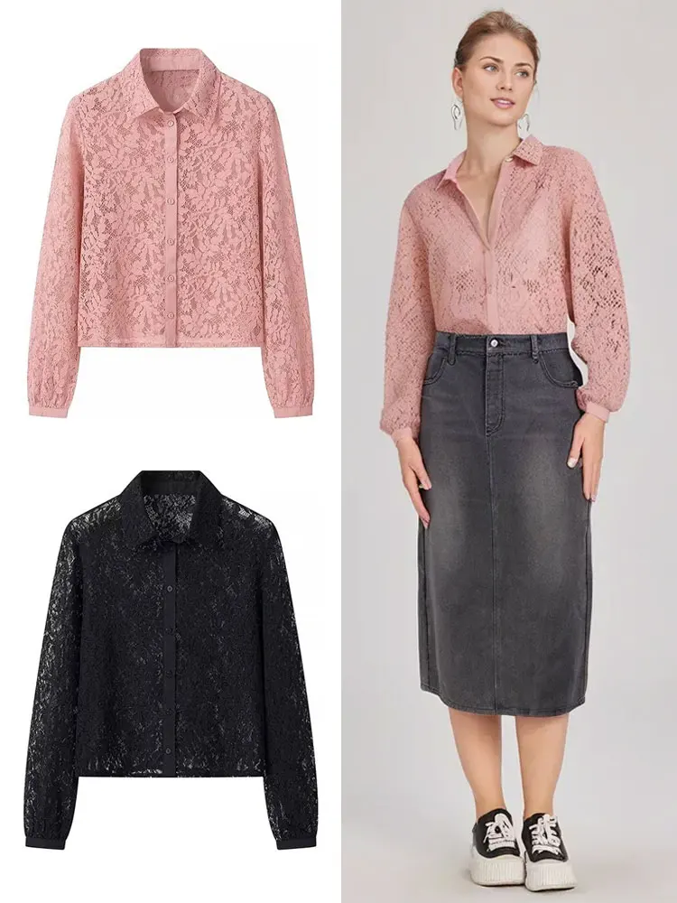TRAFZA Women Fashion Translucent Lace Blouse Single Breasted Lapel Hollow Out Long Sleeve Shirt Summer Lady Sexy Solid Tops
TRAFZA Women Fashion Translucent Lace Blouse Single Breasted Lapel Hollow Out Long Sleeve Shirt Summer Lady Sexy Solid Tops