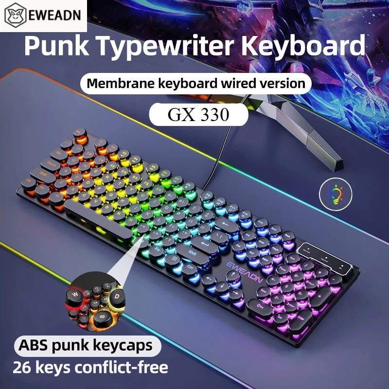 EWEADN GX330 Typewriter Gaming Keyboard, with RGB Backlit,104 Keys Wired Retro Punk Round Keycaps, for Windows Laptop PC black
EWEADN GX330 Typewriter Gaming Keyboard, with RGB Backlit,104 Keys Wired Retro Punk Round Keycaps, for Windows Laptop PC black