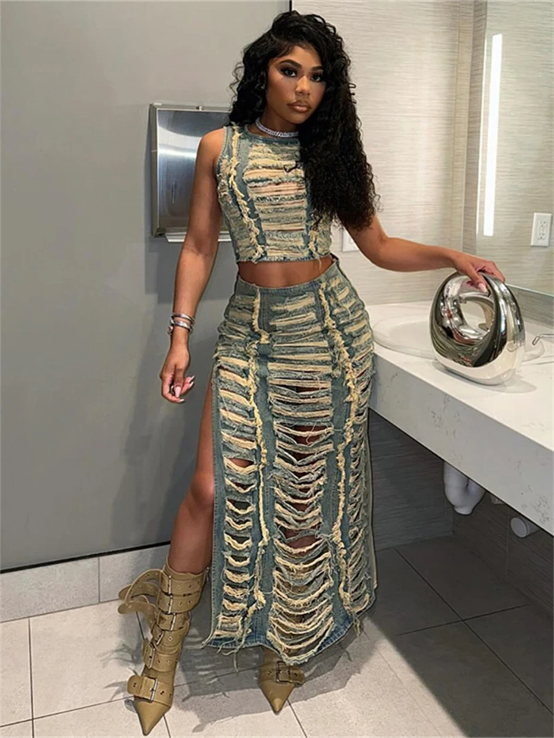 Sexy Hollow Out Ripped Denim 2 Piece Sets Women Outfit Summer Clothes Women Tank Top Skrit Set Fashion Jean Two Piece Dress Sets
Sexy Hollow Out Ripped Denim 2 Piece Sets Women Outfit Summer Clothes Women Tank Top Skrit Set Fashion Jean Two Piece Dress Sets