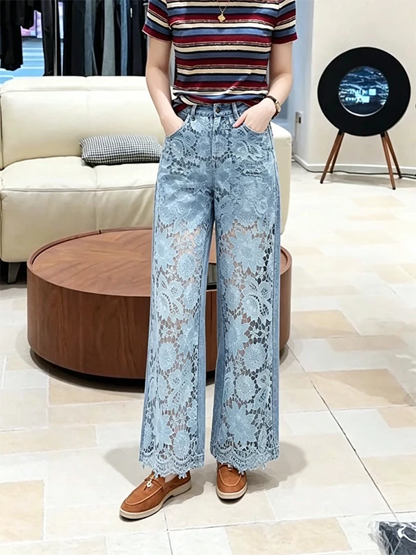 High Waist Wide Leg Denim Jeans Women's Summer New Fashion Lace Splicing Drapey Straight Cut Pants Elegant Versatile Hollow out
High Waist Wide Leg Denim Jeans Women's Summer New Fashion Lace Splicing Drapey Straight Cut Pants Elegant Versatile Hollow out