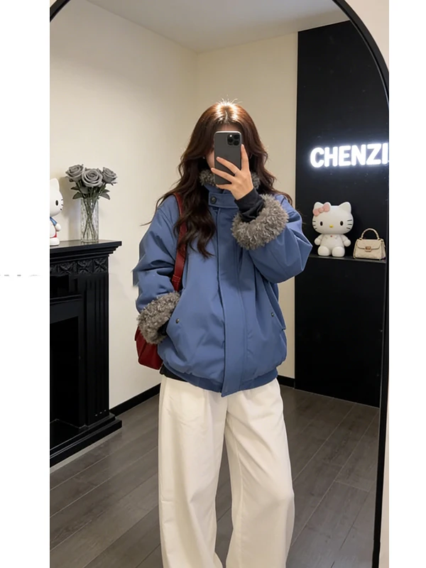 Loose Fit Long Sleeve Stand Collar Women's Parka Coat Blue Fluffy Cuff Cotton Jacket Autumn Winter New Arrival Korean Style
Loose Fit Long Sleeve Stand Collar Women's Parka Coat Blue Fluffy Cuff Cotton Jacket Autumn Winter New Arrival Korean Style