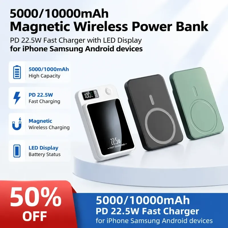 5000/10000mAh Magnetic Wireless Power Bank PD 22.5W Fast Charger with LED Display for iPhone Samsung Android devices
5000/10000mAh Magnetic Wireless Power Bank PD 22.5W Fast Charger with LED Display for iPhone Samsung Android devices