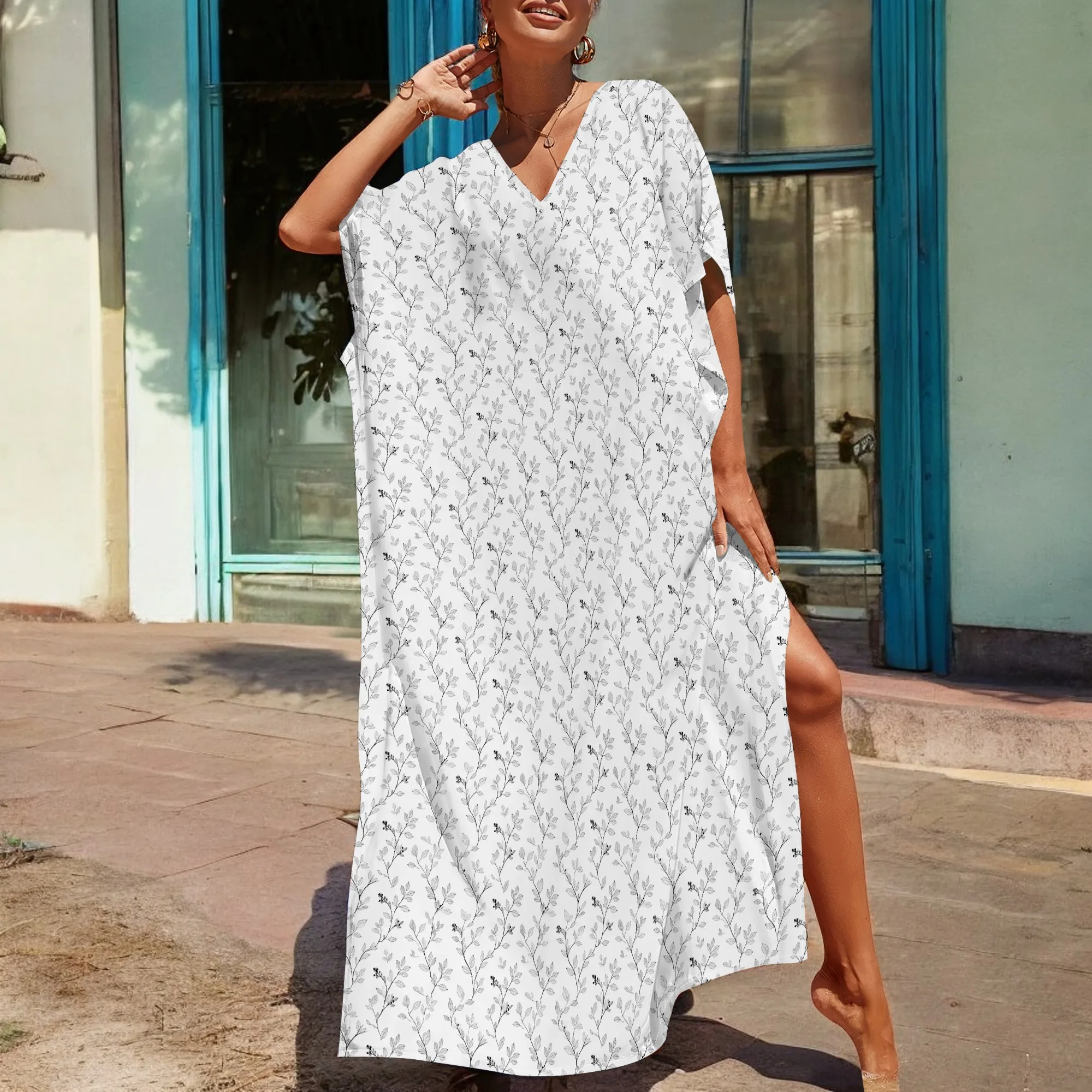 Minimal Botanical Kaftan Dress Gray Leaf Print V-Neck Maxi Robe for Women Soft Neutral Summer 2025 New Arrival
Minimal Botanical Kaftan Dress Gray Leaf Print V-Neck Maxi Robe for Women Soft Neutral Summer 2025 New Arrival