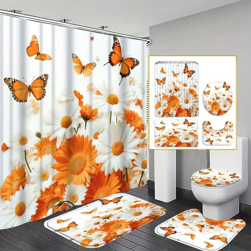 4PCS Orange Flowers Shower Curtain Set, Butterflies And Daisies Bathroom Decor, Accessories With Bath Mat, U-Shaped Mat, Toilet Lid Cover, 12 Hooks 180x180cm Curtain, Spring Garden, Home Decor, Bathroom Accessories.
4PCS Orange Flowers Shower Curtain Set, Butterflies And Daisies Bathroom Decor, Accessories With Bath Mat, U-Shaped Mat, Toilet Lid Cover, 12 Hooks 180x180cm Curtain, Spring Garden, Home Decor, Bathroom Accessories.