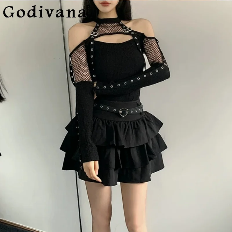 Punk Gauze Long Sleeves Sexy Girl Short Black Goth T-shirt Fashion High Waist A-line Versatile Personality Hollow Dark Skirt
Punk Gauze Long Sleeves Sexy Girl Short Black Goth T-shirt Fashion High Waist A-line Versatile Personality Hollow Dark Skirt