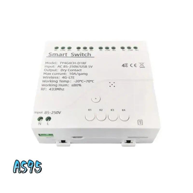 AS95-Tuya Smart Switch 4G LTE реле с RF 433 МГц умный GSM переключатель приложение беспроводное управление 4G 4CH удаление контроллера
AS95-Tuya Smart Switch 4G LTE реле с RF 433 МГц умный GSM переключатель приложение беспроводное управление 4G 4CH удаление контроллера