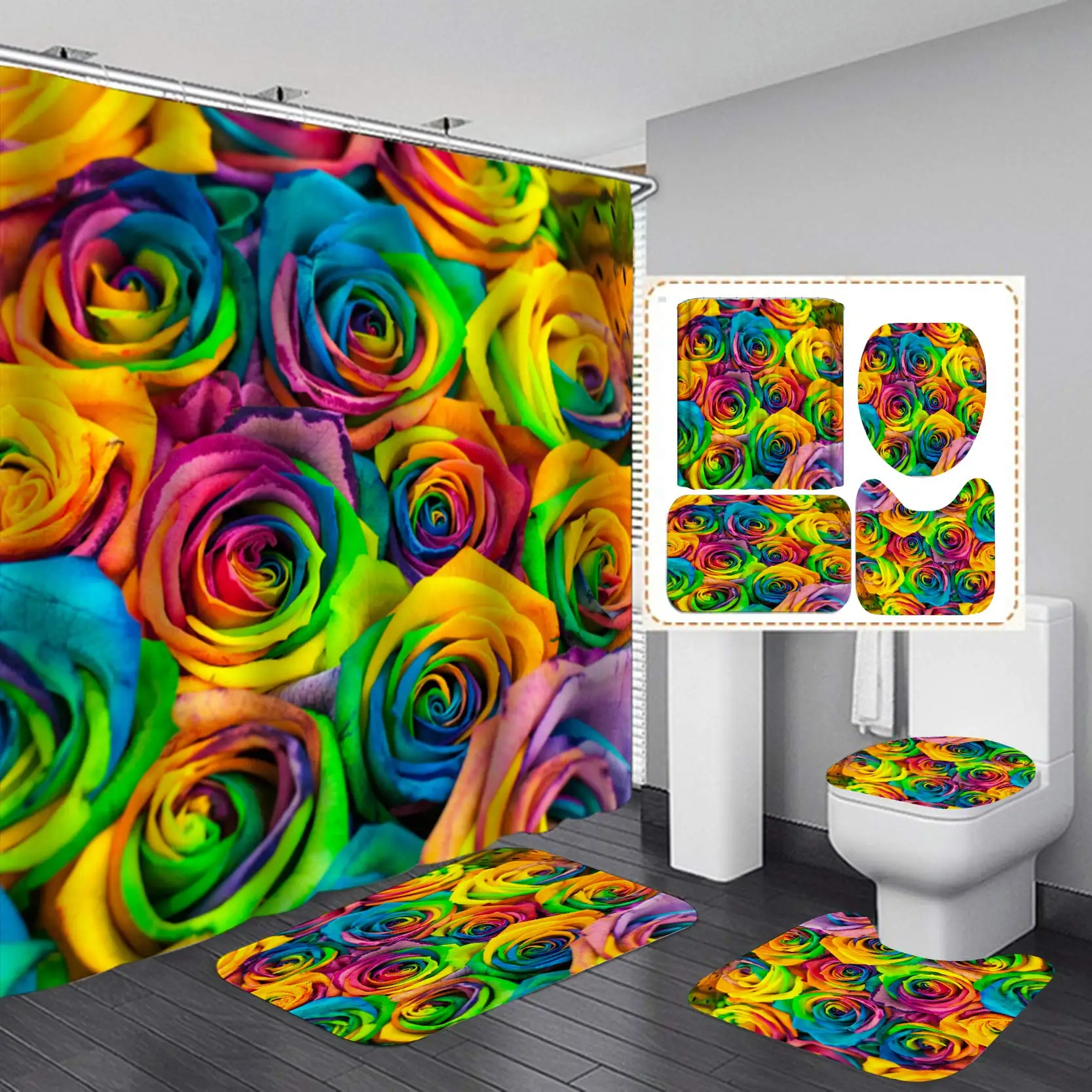 4PCS/Set Colorful Rose Shower Curtain Romantic Floral Flower Print Bathroom Set Waterproof Bath Curtain,Non-Slip Bathroom Rug
4PCS/Set Colorful Rose Shower Curtain Romantic Floral Flower Print Bathroom Set Waterproof Bath Curtain,Non-Slip Bathroom Rug