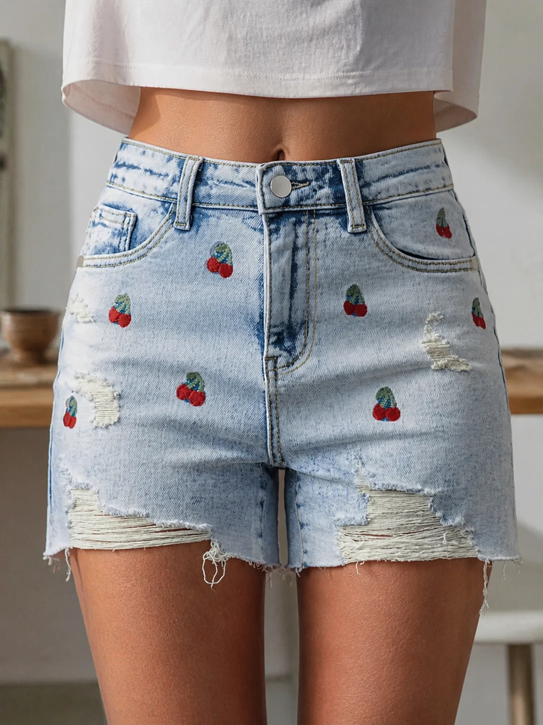 High-waisted ripped denim shorts for women, summer cherry print denim shorts
High-waisted ripped denim shorts for women, summer cherry print denim shorts