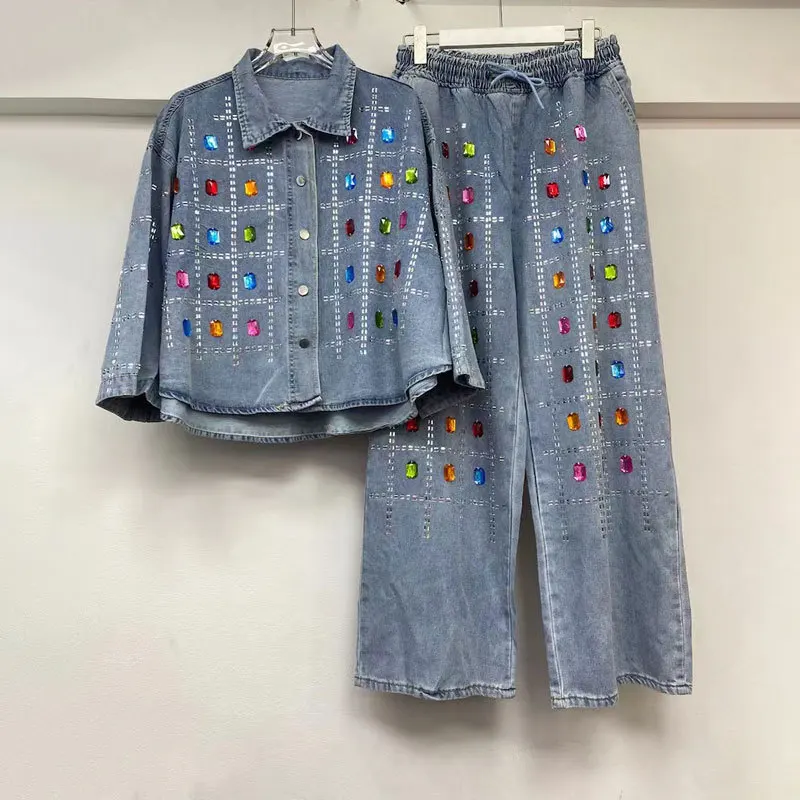 Women Denim Pant Sets Two Piece Set Rhinestone Studded Long Sleeve Jacket High Waist Full Lenth Wide Leg Pant Casual 2025 Autumn
Women Denim Pant Sets Two Piece Set Rhinestone Studded Long Sleeve Jacket High Waist Full Lenth Wide Leg Pant Casual 2025 Autumn