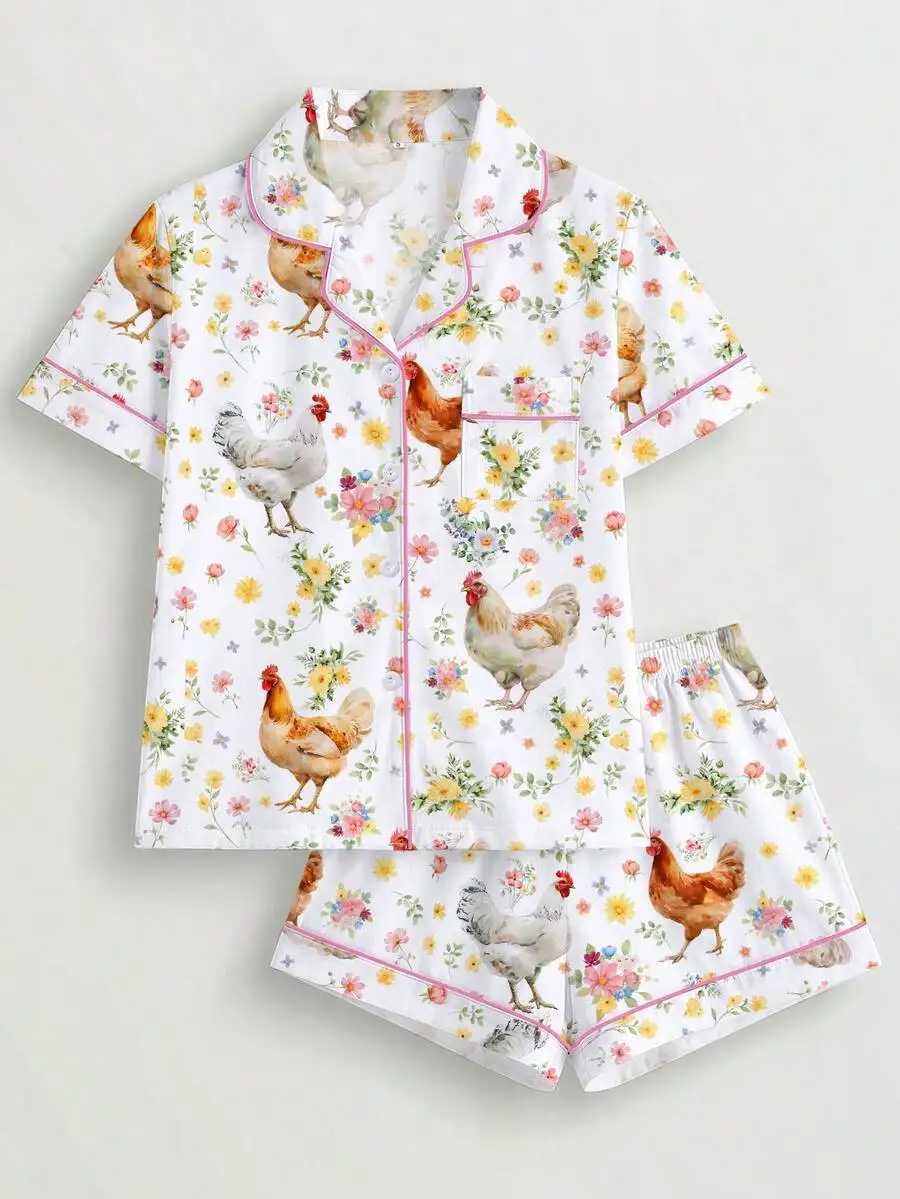 Women Floral Print Pajama Set Shirt Collar Short Sleeve Top And Elastic Waist Shorts Comfortable Sleepwear Loungewear
Women Floral Print Pajama Set Shirt Collar Short Sleeve Top And Elastic Waist Shorts Comfortable Sleepwear Loungewear