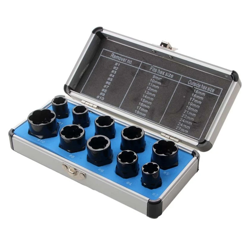 10-Piece Nut Removal Nut Damage Bolt Extractor Hexagon Nut Removal Tool Set High Durable
10-Piece Nut Removal Nut Damage Bolt Extractor Hexagon Nut Removal Tool Set High Durable