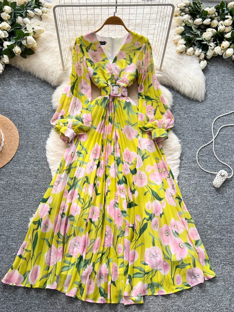 Летнее женское длинное платье с рукавами-фонариками, принтом, V-образным вырезом, поясом на талии, плиссировкой, в корейском стиле, с завышенной талией, А-силуэт
Летнее женское длинное платье с рукавами-фонариками, принтом, V-образным вырезом, поясом на талии, плиссировкой, в корейском стиле, с завышенной талией, А-силуэт
