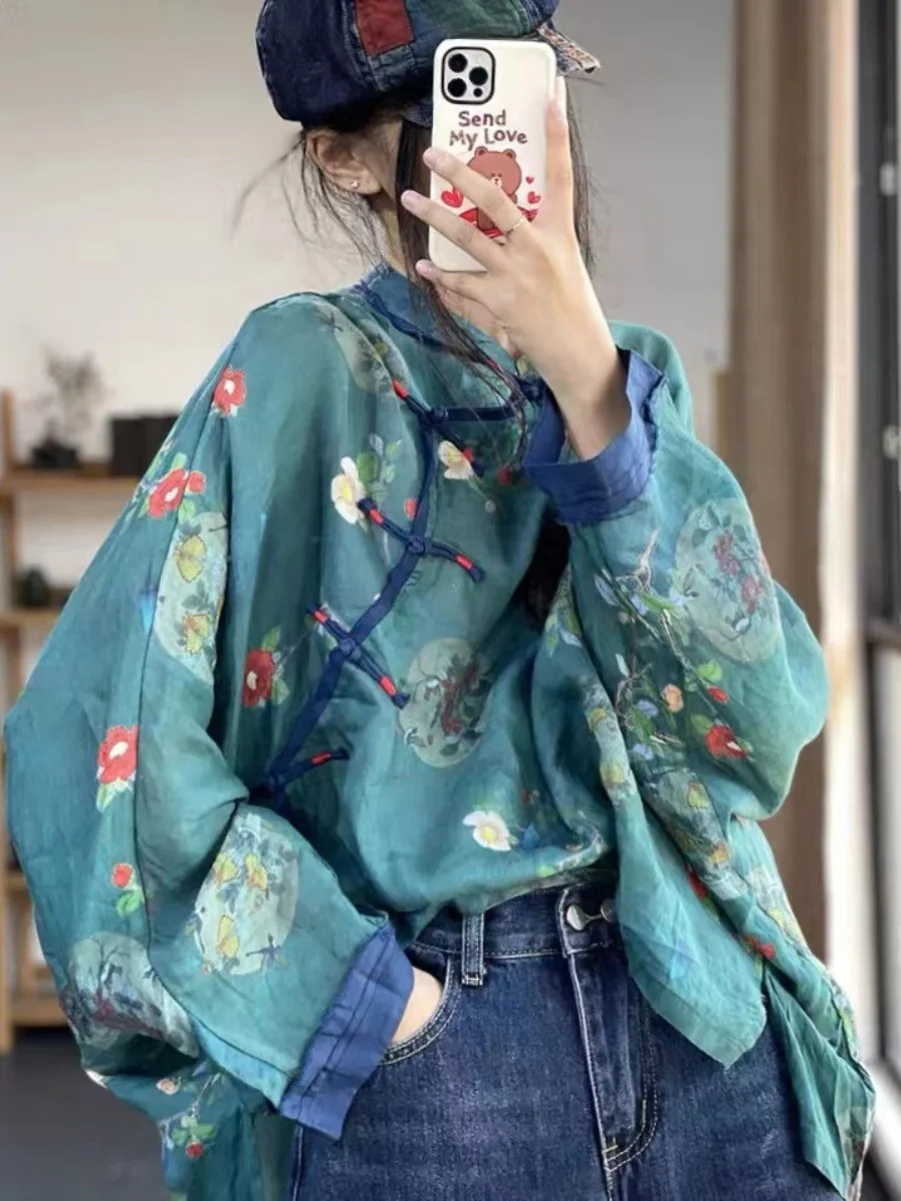 Retro Print Asymmetrical Hem Batwing Sve Linen irt Women's Button up Top Comfortable Loose Fit Long Sve Collar
Retro Print Asymmetrical Hem Batwing Sve Linen irt Women's Button up Top Comfortable Loose Fit Long Sve Collar