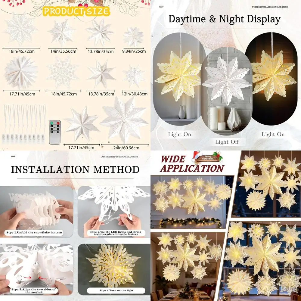 10 Pack Large LED Lighted Paper Snowflake Lanterns - White Hanging Decorations for Christmas, Winter, Weddings, and Birthday Par
10 Pack Large LED Lighted Paper Snowflake Lanterns - White Hanging Decorations for Christmas, Winter, Weddings, and Birthday Par