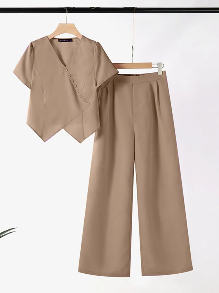 2025 ZANZEA Summer Elegant Short Sleeve Blouse Pant Sets Casual OL Work Tracksuits 2PCS Women Solid Work Outfits Matching Sets
2025 ZANZEA Summer Elegant Short Sleeve Blouse Pant Sets Casual OL Work Tracksuits 2PCS Women Solid Work Outfits Matching Sets