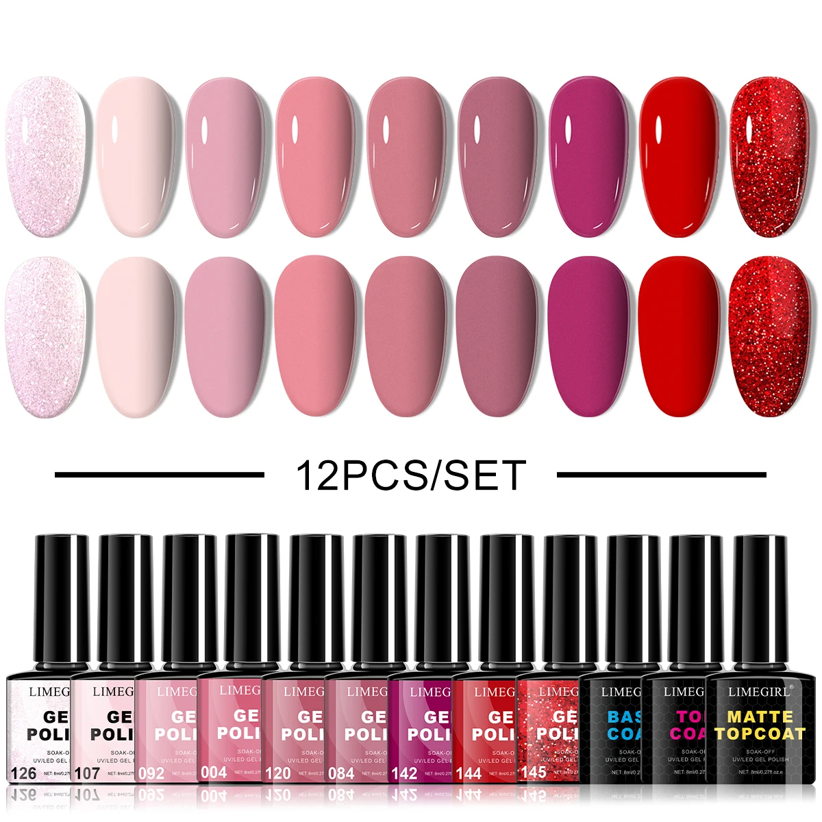 LIMEGIRL 12PCS Gel Nail Polish Set 9 Colors Gel Polish Kit Base Coat Glossy Matte and Glitter Top Coat Manicure Set for Nail Art
LIMEGIRL 12PCS Gel Nail Polish Set 9 Colors Gel Polish Kit Base Coat Glossy Matte and Glitter Top Coat Manicure Set for Nail Art