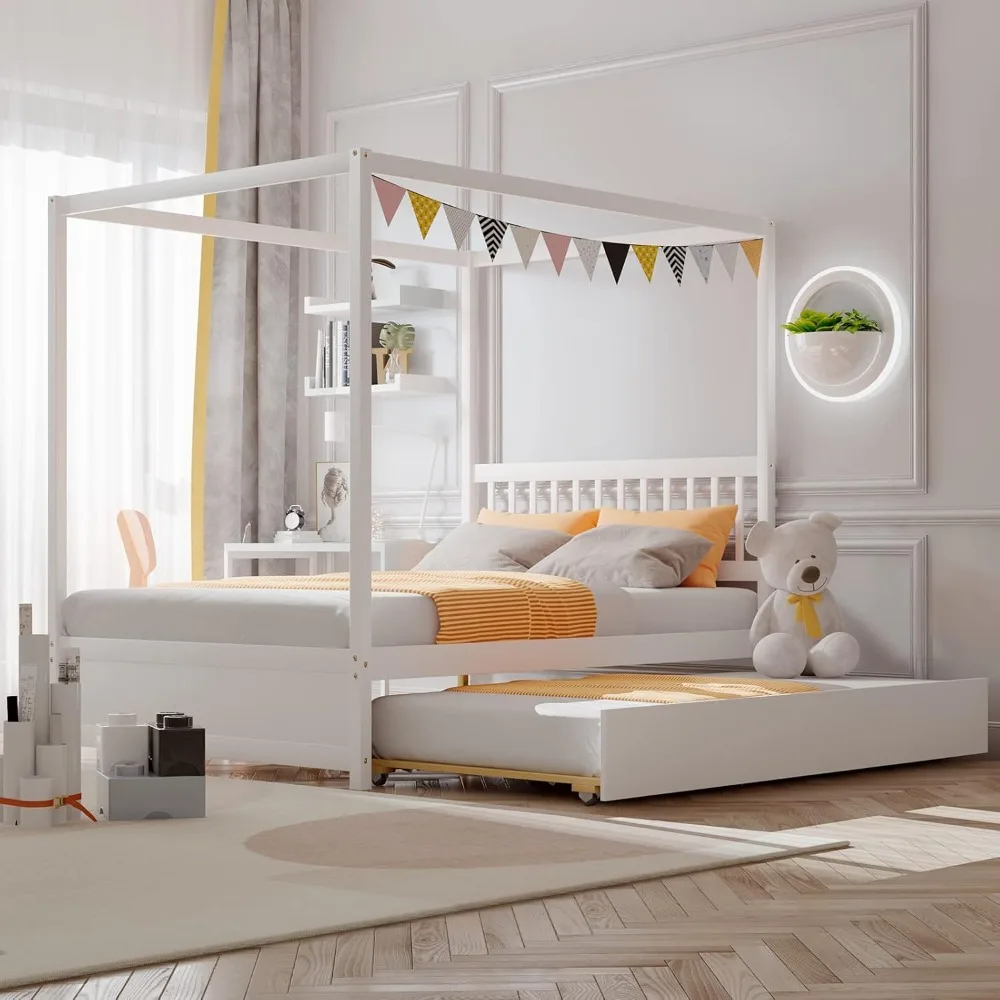 Canopy Bed with Trundle, Full Size Kids Solid Wood Platform Bed Frame w/Headboard Wooden Twin Trundle Bed for Boys Girls
Canopy Bed with Trundle, Full Size Kids Solid Wood Platform Bed Frame w/Headboard Wooden Twin Trundle Bed for Boys Girls