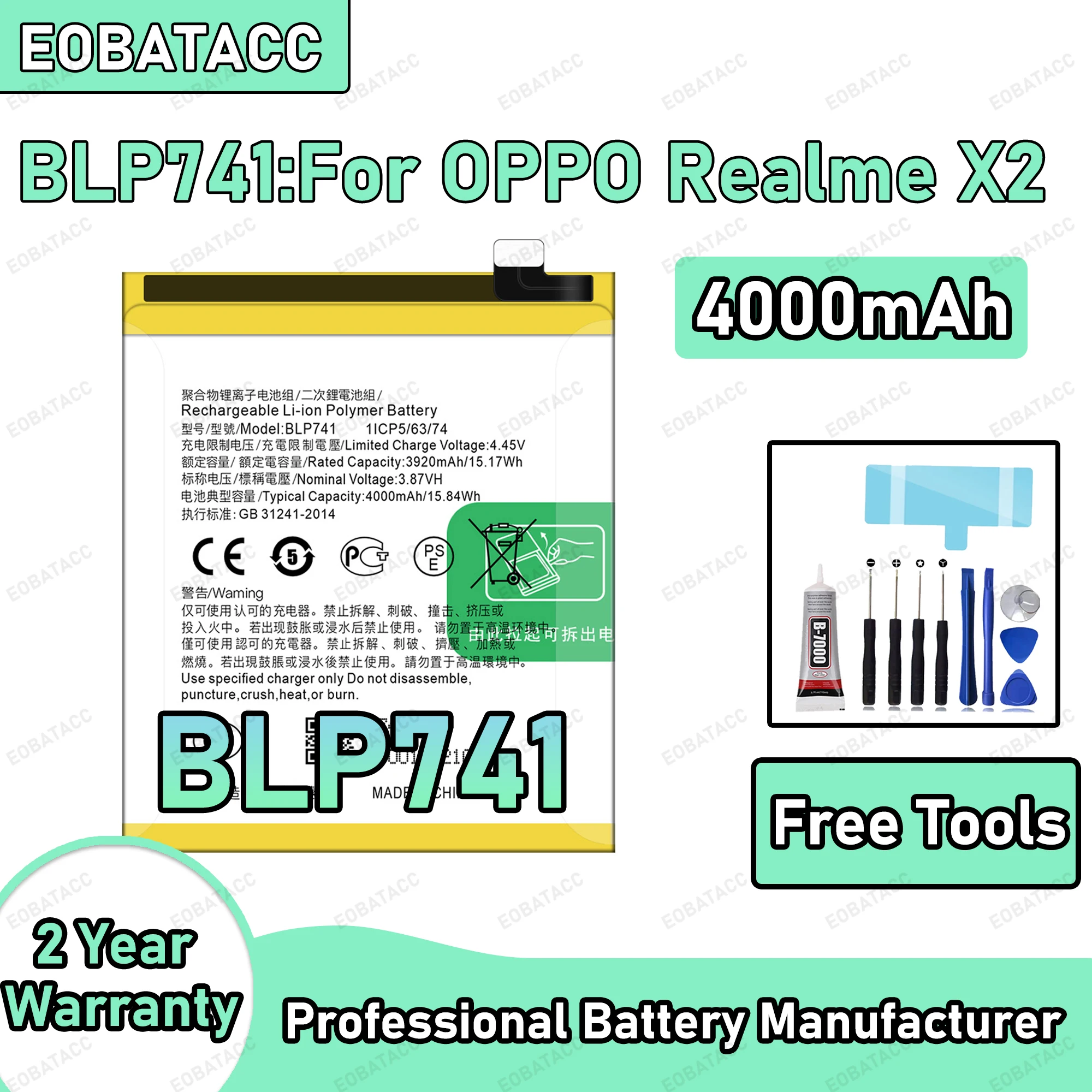 4000mAh 100% New BLP741 Battery For OPPO Realme X2 Replacement Bateria+Free Tools
4000mAh 100% New BLP741 Battery For OPPO Realme X2 Replacement Bateria+Free Tools