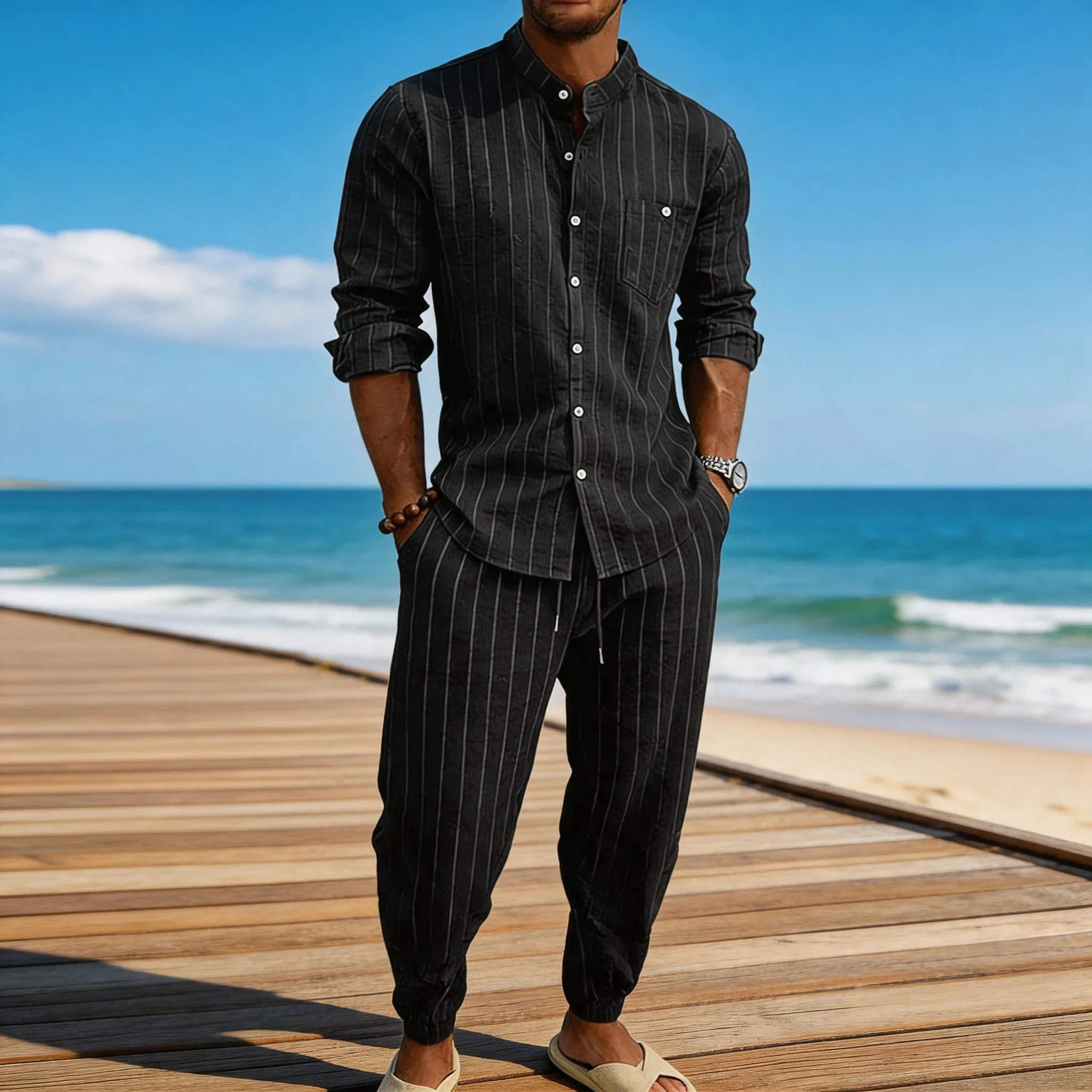 Men's 2 Piece Cotton Linen Set Vertical Striped Long Sleeve Henley Shirt and Drawstring Pants Casual Summer Beach Outfits
Men's 2 Piece Cotton Linen Set Vertical Striped Long Sleeve Henley Shirt and Drawstring Pants Casual Summer Beach Outfits