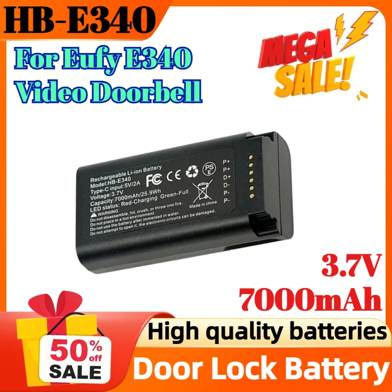HB-E340 3.7V 7000mAh Door Lock Battery for Eufy E340 Video Doorbell Rechargeable Lithium-ion Battery
HB-E340 3.7V 7000mAh Door Lock Battery for Eufy E340 Video Doorbell Rechargeable Lithium-ion Battery