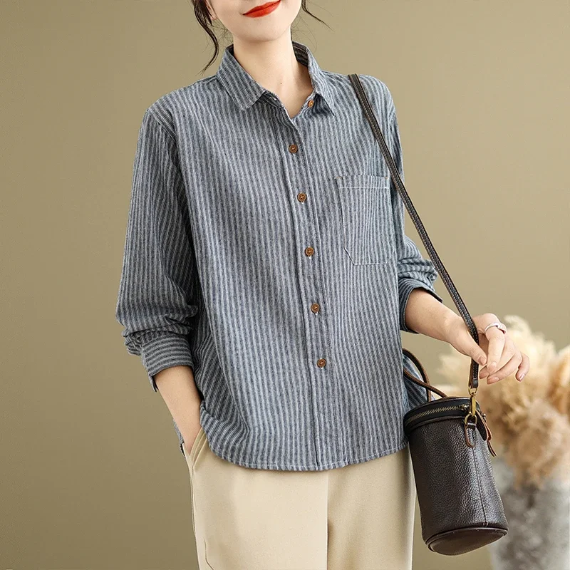 Women's Striped Cotton Shirt Long Sleeve Loose Casual Button Down Blouse
Women's Striped Cotton Shirt Long Sleeve Loose Casual Button Down Blouse