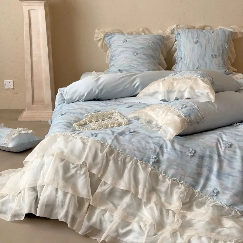 French three-dimensional flower cotton four-piece set, gilt yarn cake skirt lace bedding
French three-dimensional flower cotton four-piece set, gilt yarn cake skirt lace bedding