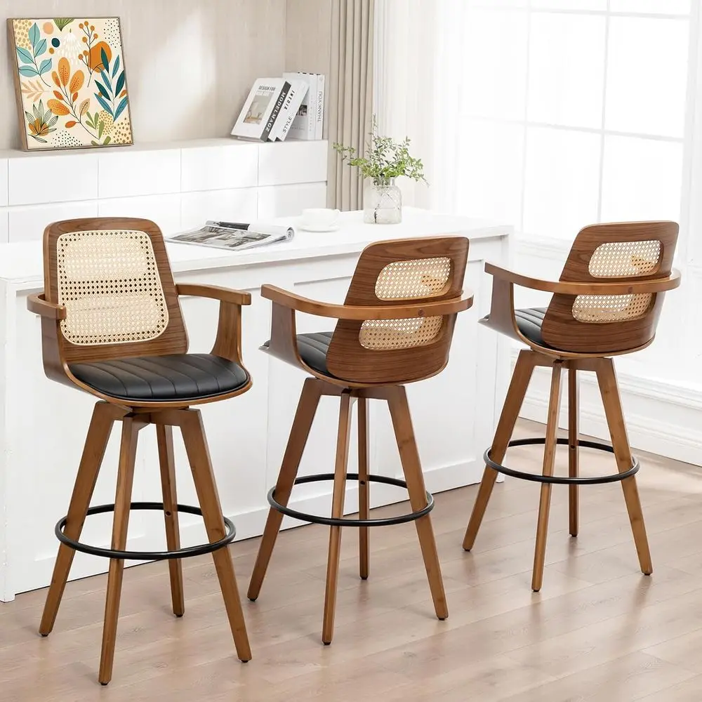 Set of 3, 29.7 High Swivel Bar Stools with Rattan Backrest, Leather Seat, Bamboo Legs, Walnut Finish, Modern Vintage Style (Blac
Set of 3, 29.7 High Swivel Bar Stools with Rattan Backrest, Leather Seat, Bamboo Legs, Walnut Finish, Modern Vintage Style (Blac