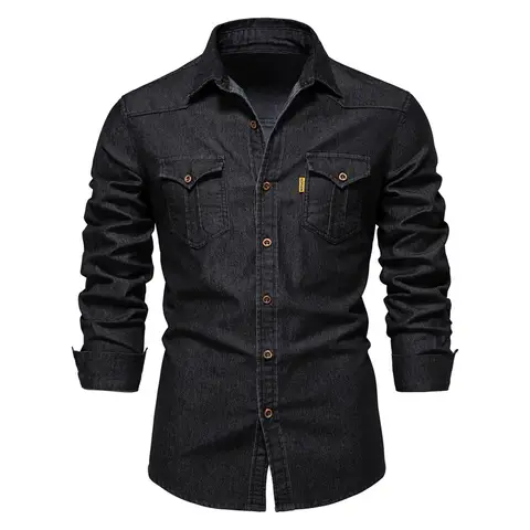 Camisa vaquera informal de manga larga de color sólido para hombre, un abrigo de algodón transpirable moderno y versátil.