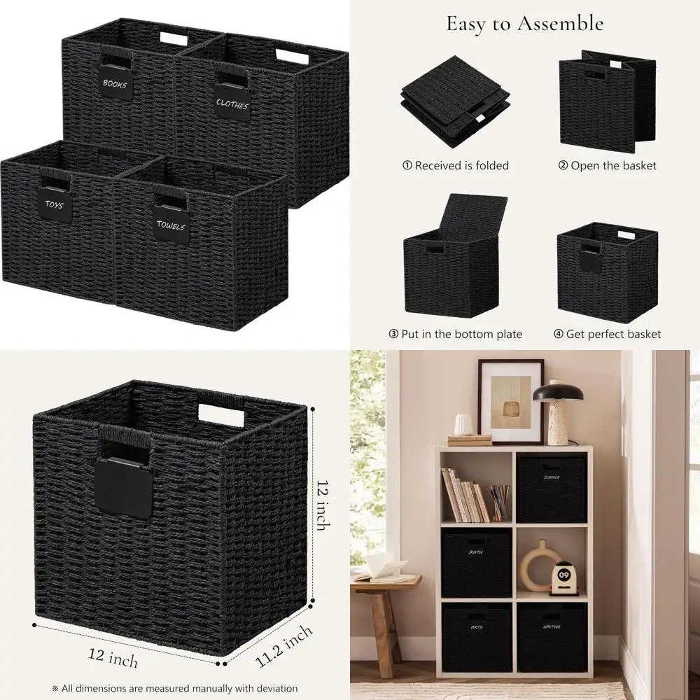 Set of 4 Foldable Wicker Storage Cubes with Labels for Organized Shelving, Black
Set of 4 Foldable Wicker Storage Cubes with Labels for Organized Shelving, Black