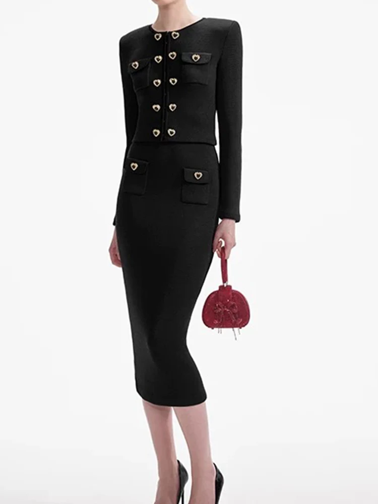 Elegant women's two-piece autumn new love button round neck long sleeve knit cardigan coat+high waist elastic skirt fashion suit
Elegant women's two-piece autumn new love button round neck long sleeve knit cardigan coat+high waist elastic skirt fashion suit
