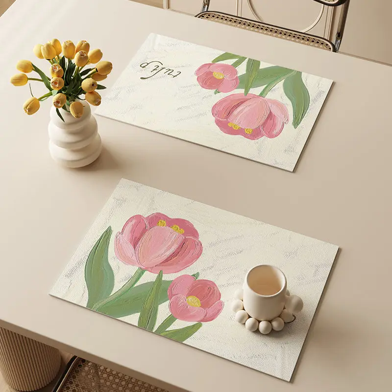 30x40cm Tulip Rectangle Placemat Dining Table Waterproof Oil-proof Pu Leather Heat Resistant Reusable Cup Mat Light Luxury Rural 
30x40cm Tulip Rectangle Placemat Dining Table Waterproof Oil-proof Pu Leather Heat Resistant Reusable Cup Mat Light Luxury Rural
