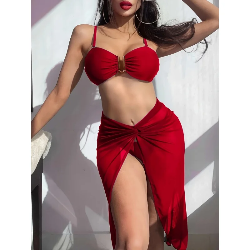 Women's Solid Color Bikini Set with Front Cutout, Fashionable Metal Decoration, Semi-Transparent Mesh Skirt with Slit
Women's Solid Color Bikini Set with Front Cutout, Fashionable Metal Decoration, Semi-Transparent Mesh Skirt with Slit