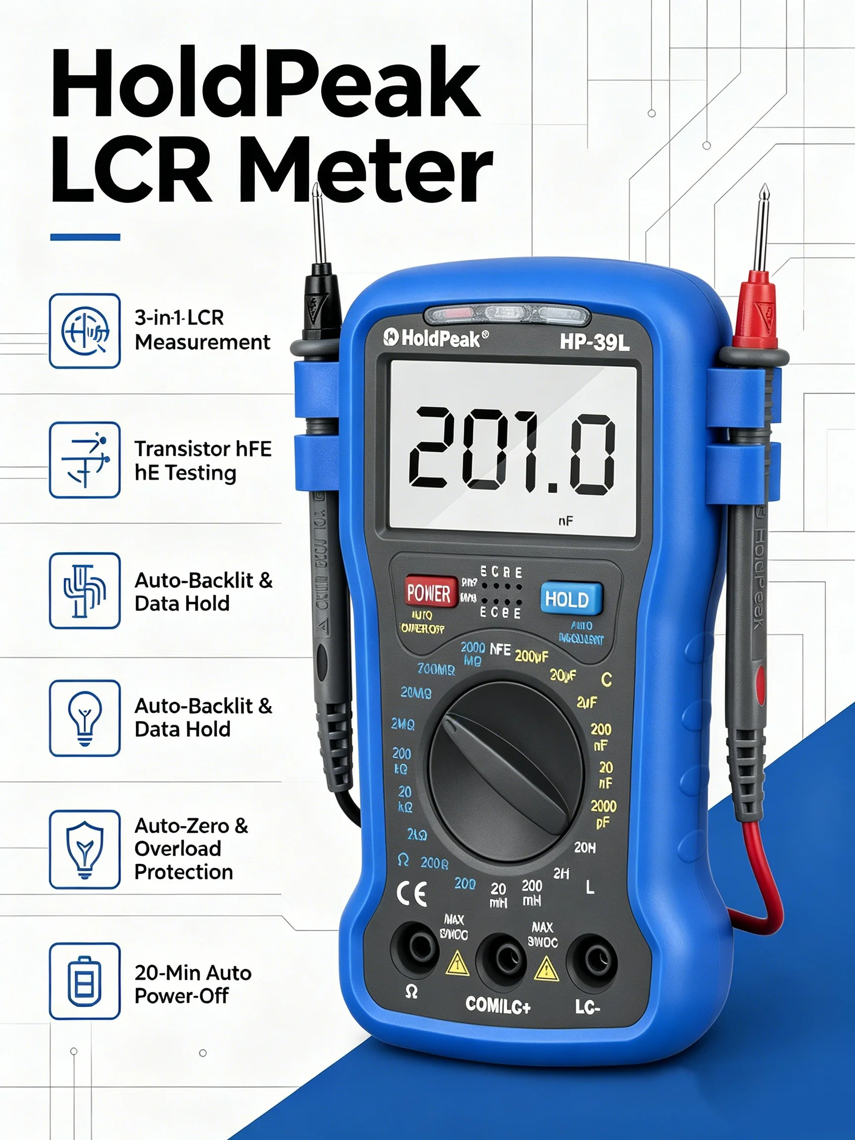 HoldPeak LCR Meter ±1% Acc IEC1010 Auto-Backlit Data Hold hFE for Circuit Debug Component Screening Lab
HoldPeak LCR Meter ±1% Acc IEC1010 Auto-Backlit Data Hold hFE for Circuit Debug Component Screening Lab