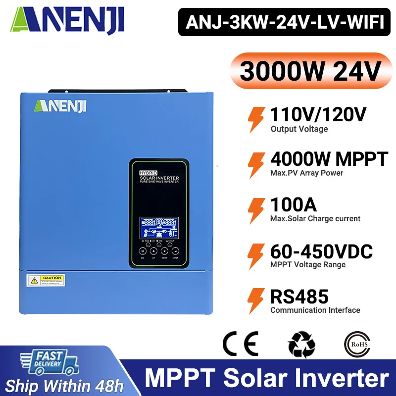 ANENJI 3KW Hybrid Solar Inverter AC 110V/120V With 100A MPPT Pure Sine Wave Built-in WIFI For PV Max.450V Home Energy Systems 
ANENJI 3KW Hybrid Solar Inverter AC 110V/120V With 100A MPPT Pure Sine Wave Built-in WIFI For PV Max.450V Home Energy Systems
