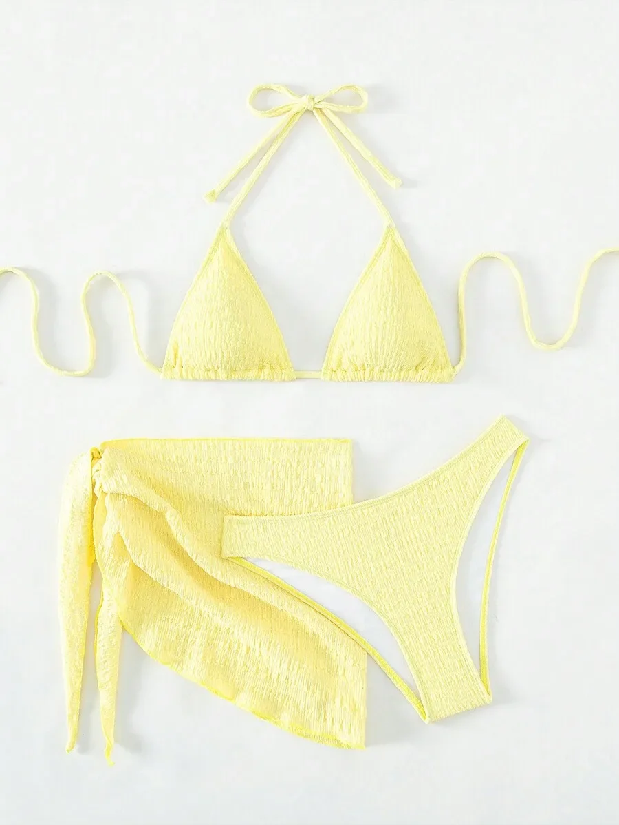 Yellow Halter Triangle Bikini Set With Wrap Skirt For Beach
Yellow Halter Triangle Bikini Set With Wrap Skirt For Beach