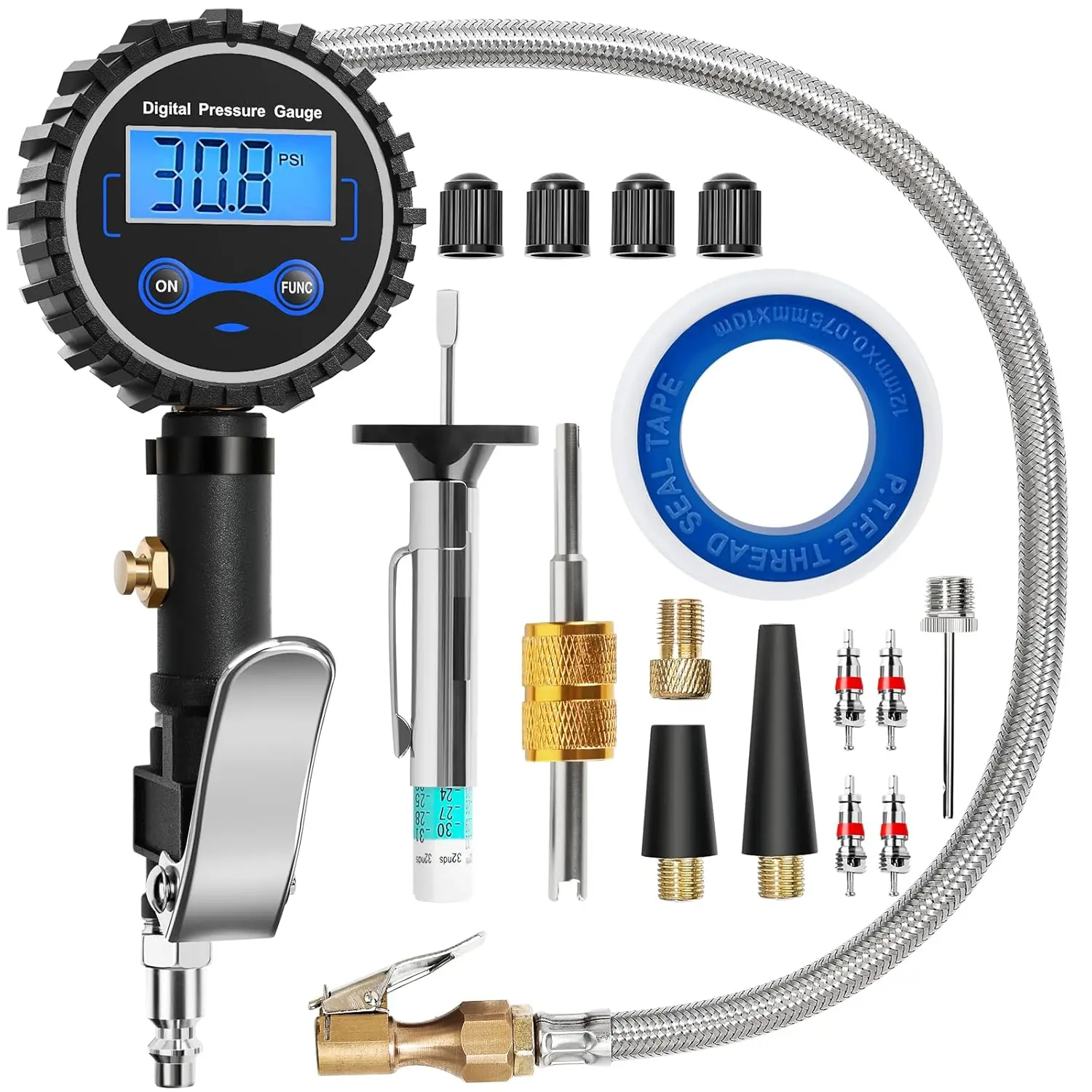 Digital Tire Inflator 200 PSI with Pressure Gauge, Air Chuck & Tread Depth Tool
Digital Tire Inflator 200 PSI with Pressure Gauge, Air Chuck & Tread Depth Tool