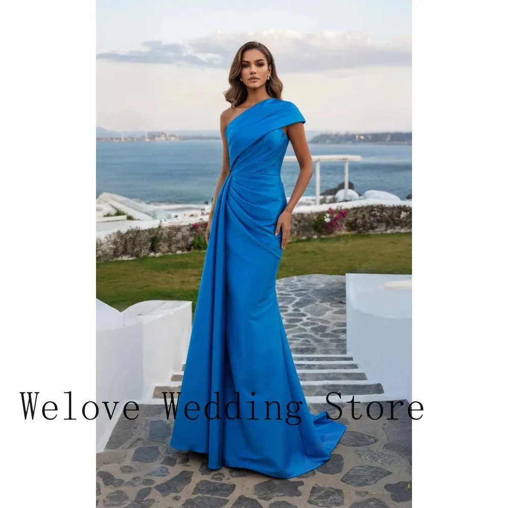 Bright Blue One-Shoulder Mermaid Evening Gown Draped Satin Bodice Formal Prom Wedding Guest Bridesmaid Dress with Train
Bright Blue One-Shoulder Mermaid Evening Gown Draped Satin Bodice Formal Prom Wedding Guest Bridesmaid Dress with Train