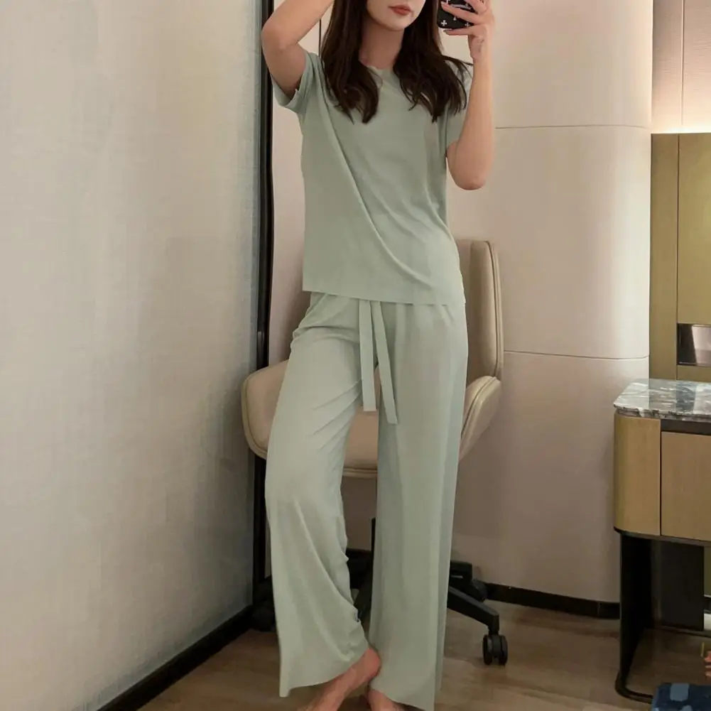 Women Summer Pajamas 2 Piece Set O-neck Short Sleeve Elastic Waist Drawstring Straight Wide Leg T-shirt Pants Loungewear Set
Women Summer Pajamas 2 Piece Set O-neck Short Sleeve Elastic Waist Drawstring Straight Wide Leg T-shirt Pants Loungewear Set