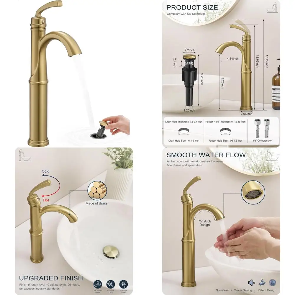 Gold Vessel Sink Faucet, Brass Tall Bathroom Sink Faucet One Hole with 1 Handle, Pop Up Drain, cUPC Supply Hoses & Aerator for A
Gold Vessel Sink Faucet, Brass Tall Bathroom Sink Faucet One Hole with 1 Handle, Pop Up Drain, cUPC Supply Hoses & Aerator for A