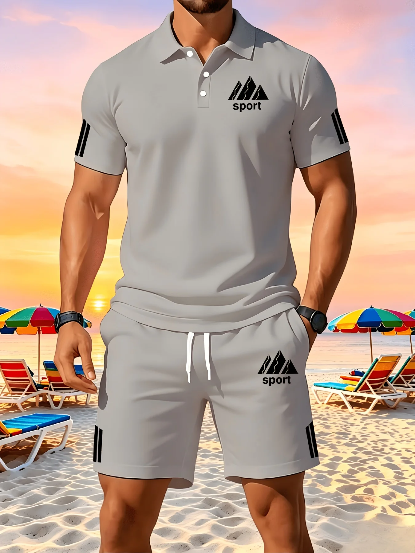 Solid Color Striped Sleeve Men's Casual Two-piece Suit with Mountain Pattern Sports 3D Printed Lapel Top and Drawstring Elastic
Solid Color Striped Sleeve Men's Casual Two-piece Suit with Mountain Pattern Sports 3D Printed Lapel Top and Drawstring Elastic
