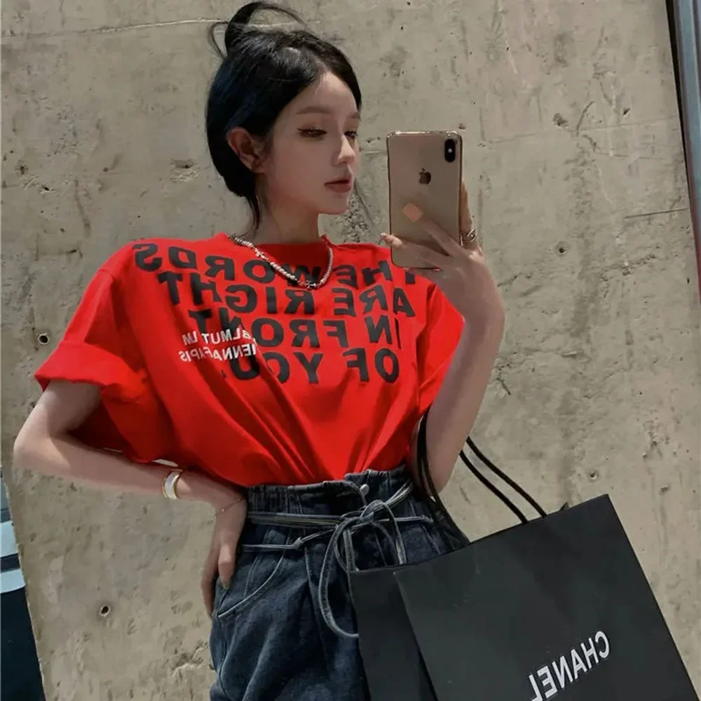 Korean Fashion Letter Printed Short Sleeve Tees Women's Streetwear Red Chi Female Tops Summer Oversize Casual T-shirt For Ladies
Korean Fashion Letter Printed Short Sleeve Tees Women's Streetwear Red Chi Female Tops Summer Oversize Casual T-shirt For Ladies