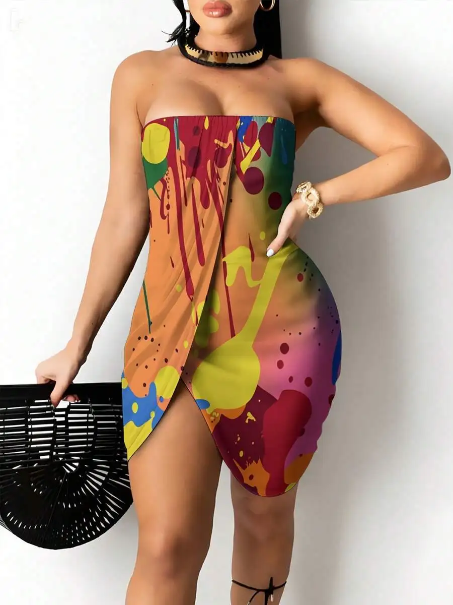 Women Strapless Bodycon Dress With Abstract Paint Splatter Print For Party Casual Wear
Women Strapless Bodycon Dress With Abstract Paint Splatter Print For Party Casual Wear