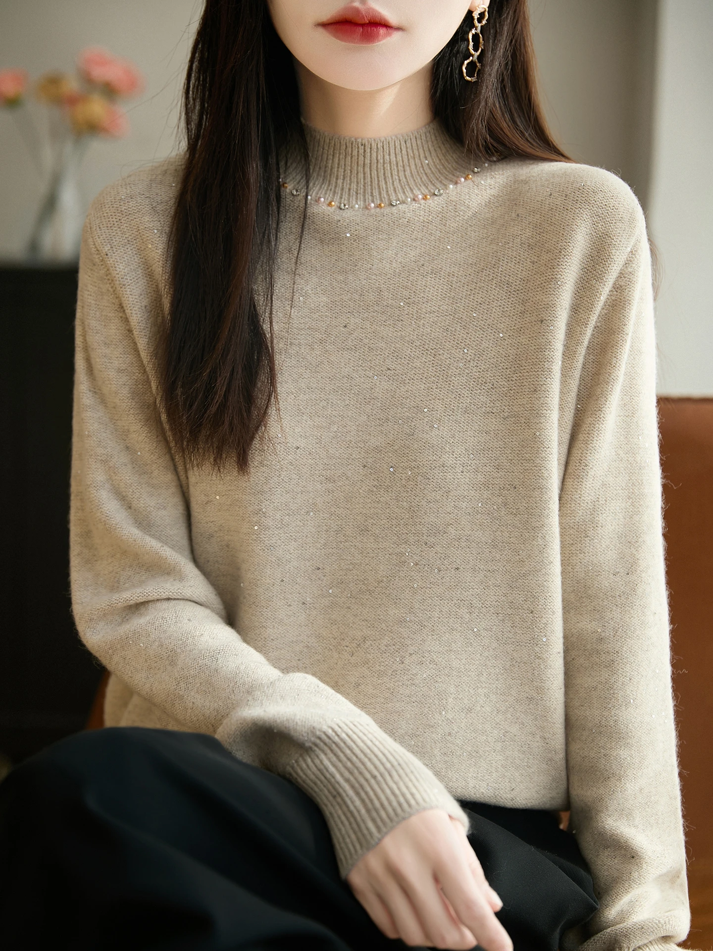 Women's Wool Blend Loose Fit Half High Neck Beaded Base Shirt Fashionable Glitter Knit Top Autumn Winter New Style Versatile
Women's Wool Blend Loose Fit Half High Neck Beaded Base Shirt Fashionable Glitter Knit Top Autumn Winter New Style Versatile