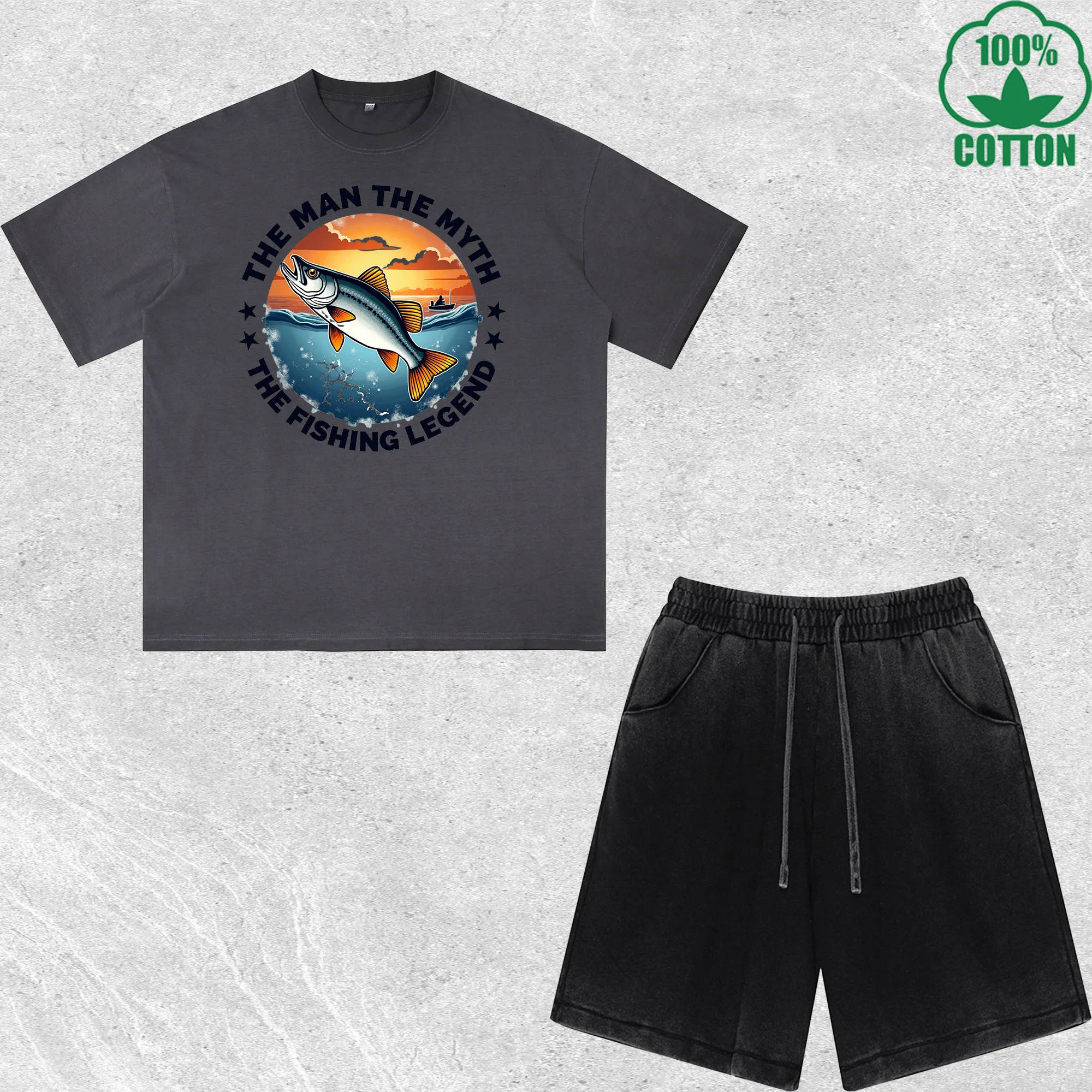 Комплект из футболки и шорт с принтом Fishing Legend, эффект потертости, разноцветный, свободный крой, модный, 100% хлопок
Комплект из футболки и шорт с принтом Fishing Legend, эффект потертости, разноцветный, свободный крой, модный, 100% хлопок