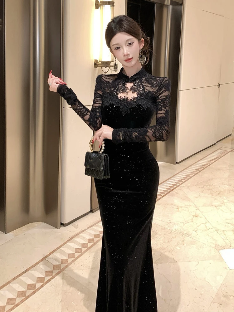 Black Lace Hollow out Velvet Fish Tail Dress Sexy Retro Design Slim Fit Long Sleeve High Waist Spring Autumn Winter Trendy Dress
Black Lace Hollow out Velvet Fish Tail Dress Sexy Retro Design Slim Fit Long Sleeve High Waist Spring Autumn Winter Trendy Dress