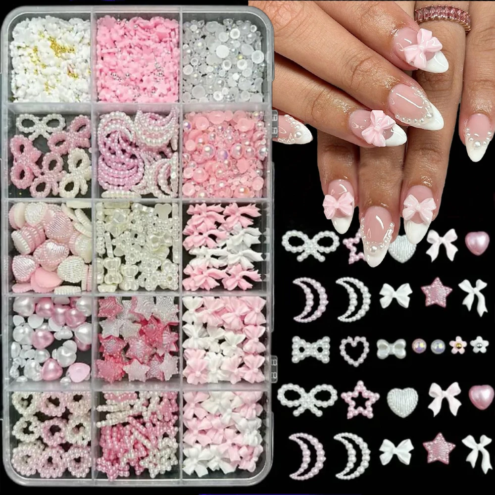 15Grids Pink White Bow Pearl Nail Charm 3D Resin Heart Star Moon Flower Bowknot Mix Nail Rhinestone for Manicure DIY Crafts Deco
15Grids Pink White Bow Pearl Nail Charm 3D Resin Heart Star Moon Flower Bowknot Mix Nail Rhinestone for Manicure DIY Crafts Deco