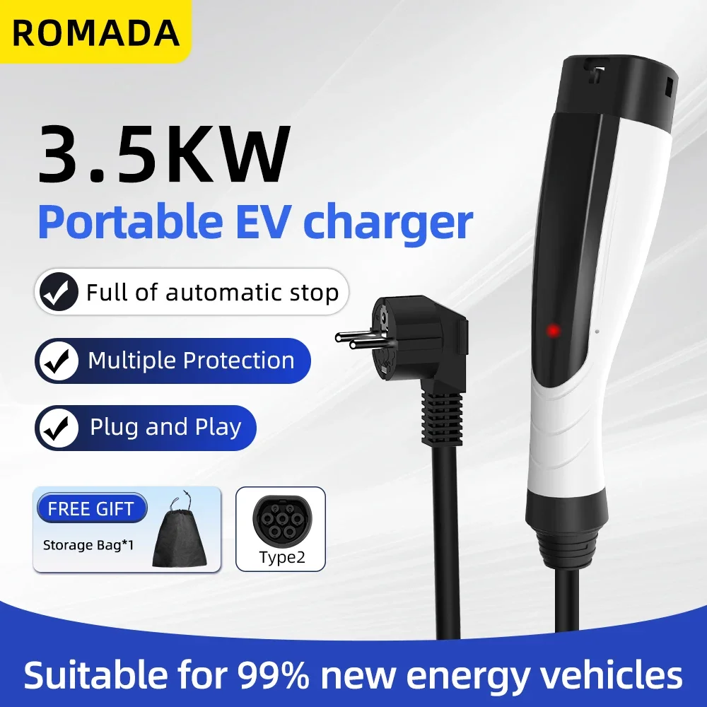 NEW ROMADA 3.5KW 16A Portable EV Charger 3M-10M Cable IEC62196 TYPE2 EVSE EU Plug Safe Fast Charging for Electric Vehicles CE
NEW ROMADA 3.5KW 16A Portable EV Charger 3M-10M Cable IEC62196 TYPE2 EVSE EU Plug Safe Fast Charging for Electric Vehicles CE