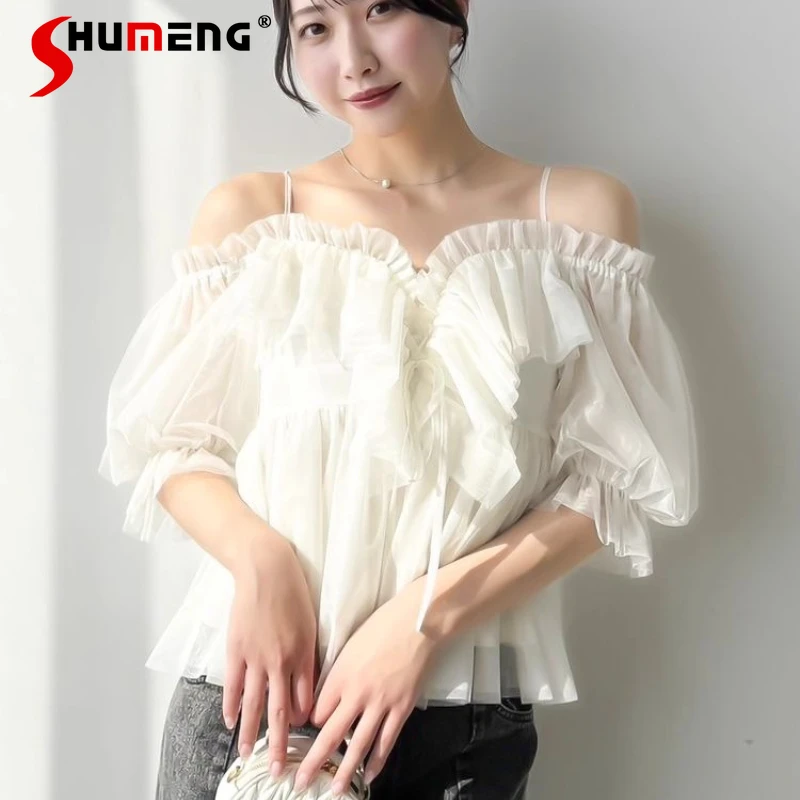 2025 New Japanese Fashion Ruffled Edge Off-Shoulder Lantern Sleeve Shirt Summer Women's Sweet Slim Elegant Mesh Blouse Tops
2025 New Japanese Fashion Ruffled Edge Off-Shoulder Lantern Sleeve Shirt Summer Women's Sweet Slim Elegant Mesh Blouse Tops